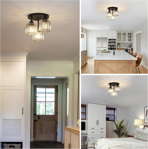3-Light Modern Crystal Chandeliers Black Semi Flush