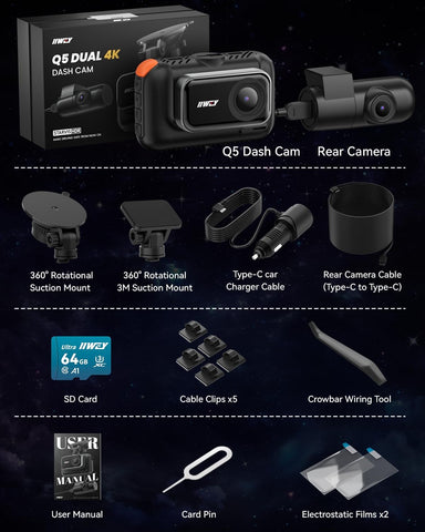IIWEY Q5 Dual Channel 4K Dash Cam Front & Rear with WiFi and 64GB SD Card