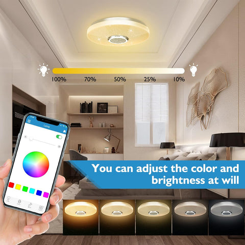 Smart ceiling light control with smartphone app in a modern living room setting