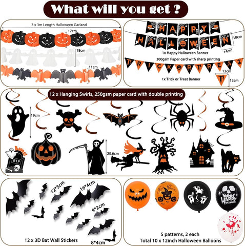 AMLOOPK Halloween Decorations Indoor Set – Happy Halloween Banner, Bunting, Hanging Decorations, Bats, Balloons & Garlands for Halloween Parties, Homes, Schools & Offices