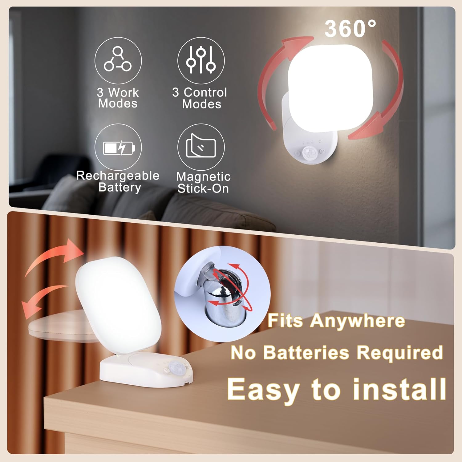 LED night light with features like 3 work modes, 3 control modes, rechargeable battery, and magnetic stick-on. Fits anywhere without batteries required.