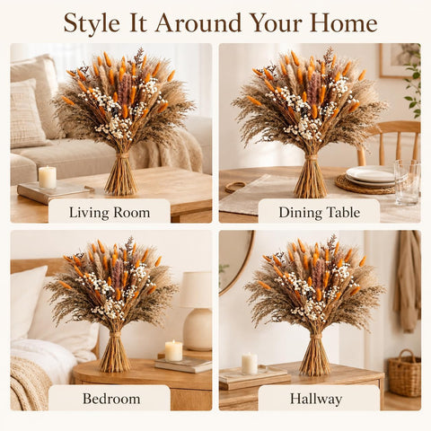 82 Pcs Dried Flowers Bouquet for Fall Decor, Autumn Pampas Grass Decor 44cm Orange natural dried flowers for autumn decor, vase filler and wedding table centrepiece; DIY pack, no vase included.