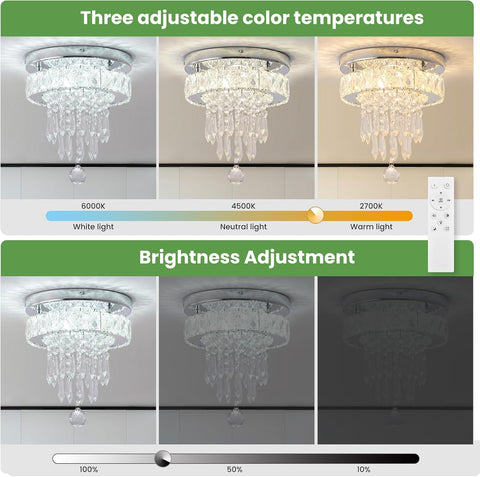 Modern Crystal Ceiling Chandelier 9.8" LED Flush Mount Dimmable Light
