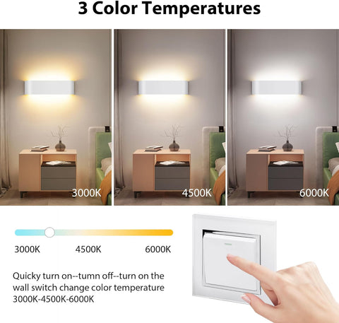 Indoor Led Wall Lights - 2 Pack 3000K/4500K/6000K Adjustable Color Temperature Wall Lights for Bedroom Living Room Kitchen Dining Room