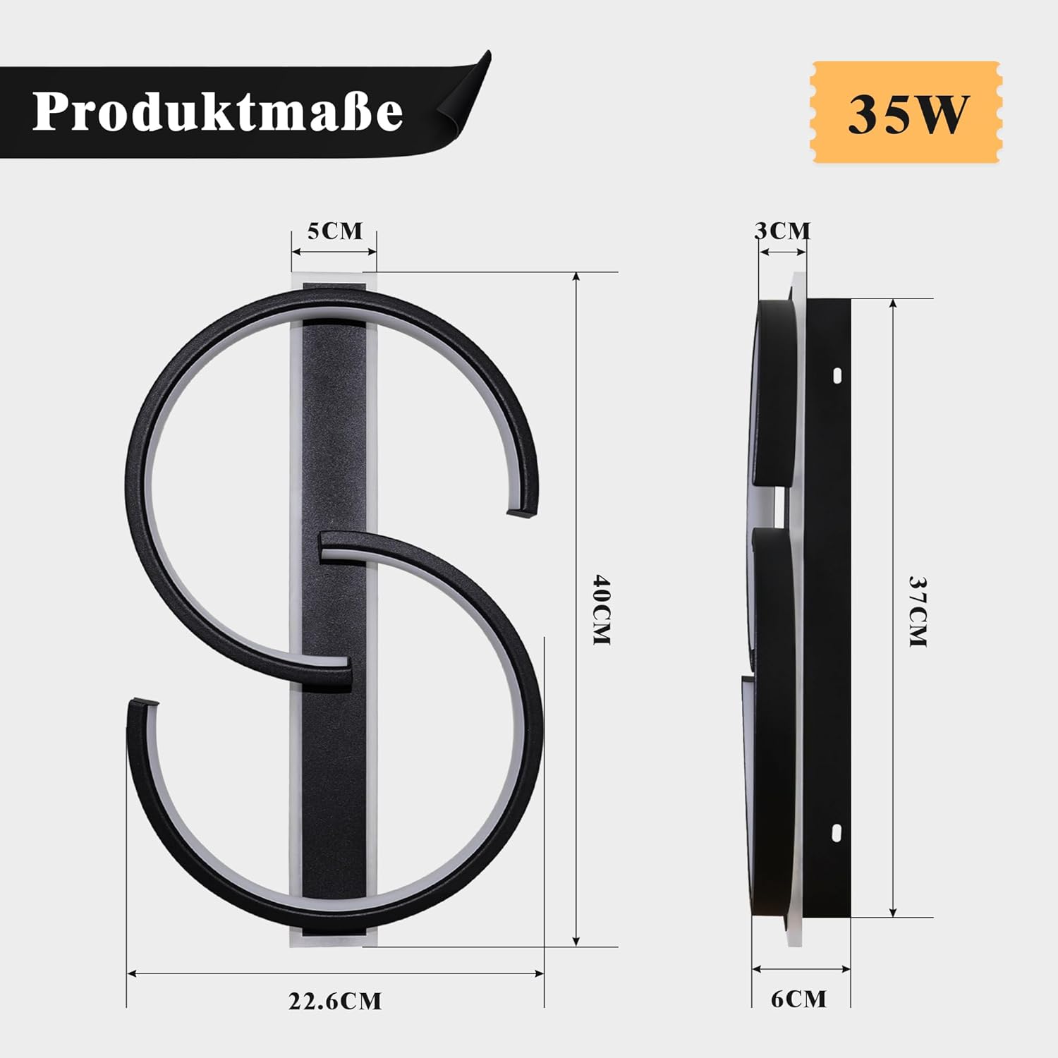 Dimensions of a black wall light fixture with measurements in centimeters and watts.