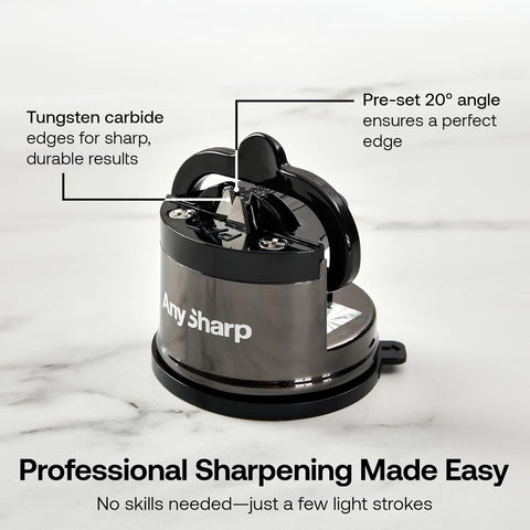 AnySharp Pro Metal Knife Sharpener – Hands-Free PowerGrip Suction | Sharpens All Knives | Hardened Steel & Serrated | Wolfram Finish