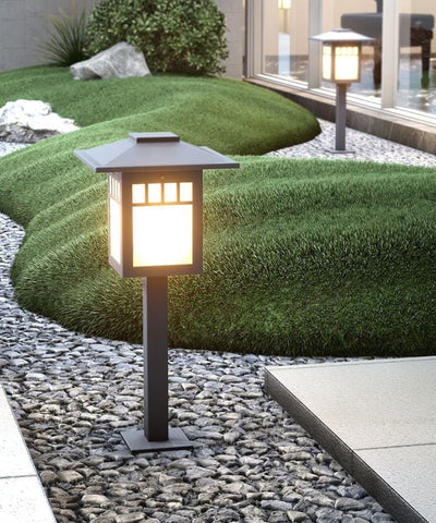 Retro Landscape Path Light, Vintage Chinese Style Bollard Lantern Gray Galvanized Steel E26 Base, IP65 Waterproof Outdoor Pathway Lighting for Garden Courtyard Walkway Patio(60CM)