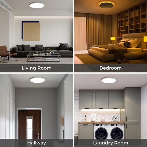 Collage of a living room, bedroom, hallway, and laundry room with ceiling lights.