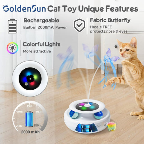 GoldenSun 3-In-1 Interactive Cat Toy with Feather and Butterfly Teaser