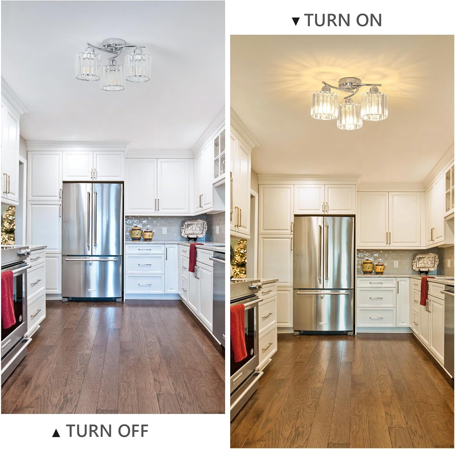 Side-by-side comparison of a kitchen with lights on and off, showing a difference in lighting ambiance.