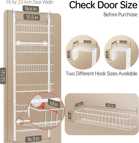 Delamu 8-Tier Over Door Storage Organiser, Adjustable Metal Pantry Shelves, Hanging Spice Rack for Kitchen, Bathroom & Laundry, White