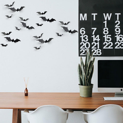 KUUQA 24-Piece 3D Halloween Bat Wall Stickers – Black Waterproof PVC DIY Decorations for Walls, Doors, Glass & Halloween Parties