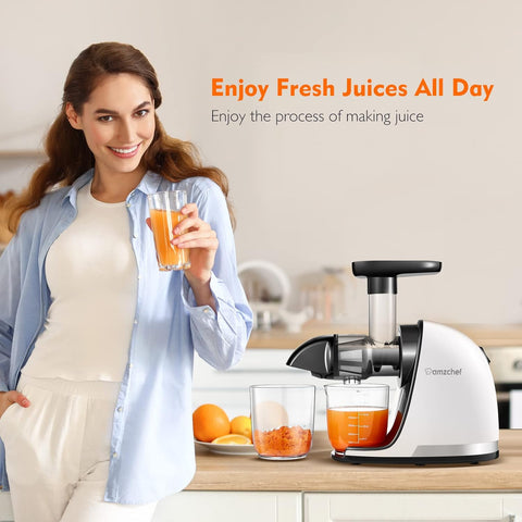 Cold Press Slow Juicer Machine – Masticating Juicer for Whole Fruits & Vegetables – BPA Free Extractor with 2 Cups & Brush – White