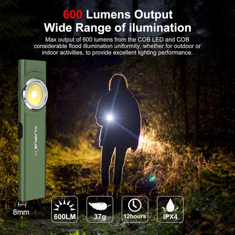 Green flashlight being used in a dark forest with text highlighting 600 lumens output and features.
