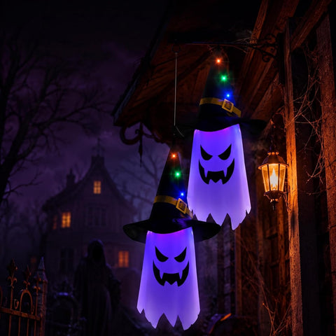 Mepham Halloween Hanging Light Up Ghost Decorations with Wizard Hats – 3 Light Modes for Indoor & Outdoor Garden, Door & Porch Displays