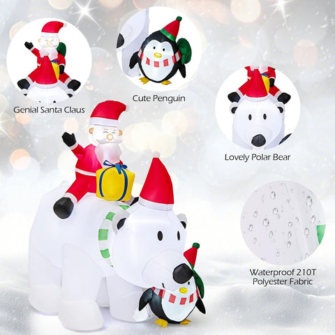 210CM Inflatable Christmas Polar Bear with Santa & Penguin – White