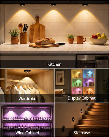 RGB Puck Lights with Remote, Rechargeable Under Cabinet Lighting – 6 Pack Wireless LED Stick-On Lights for Kitchen Cupboards, Wardrobes & Shelves - Put the Light Exactly Where Your Home Needs It