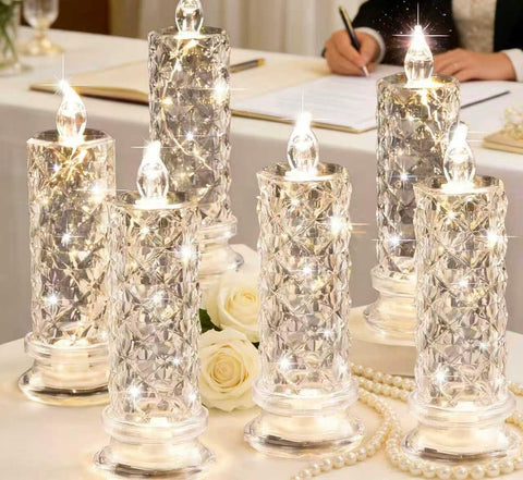 Crystal LED Flameless Candles Set of 6, Diamond-Cut Decorative Glass Candle Holders with Flickering Light for Wedding, Christmas & Holiday Table Décor