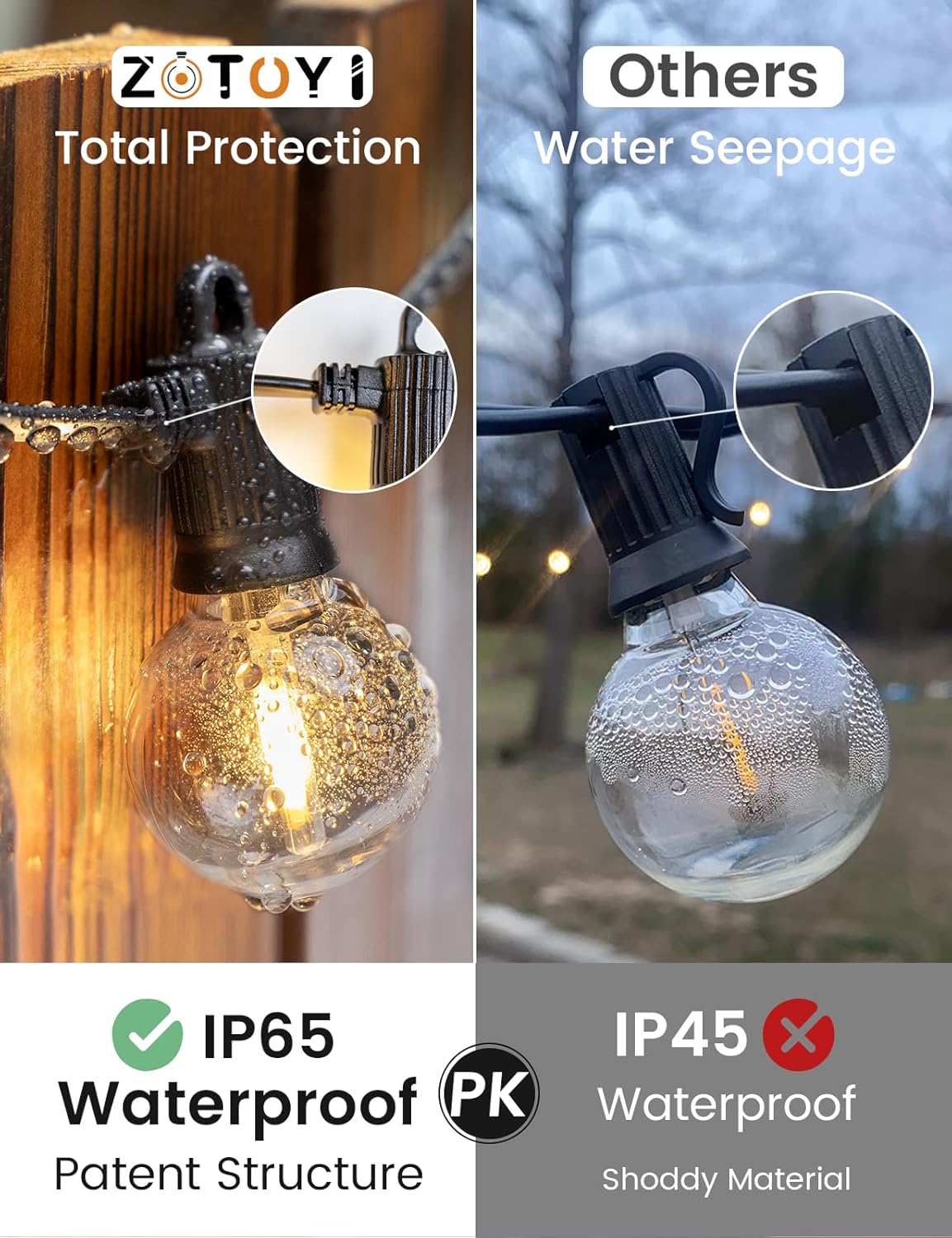 Comparison of Zotoyi outdoor light bulb with 'Others' brand, highlighting waterproof features.