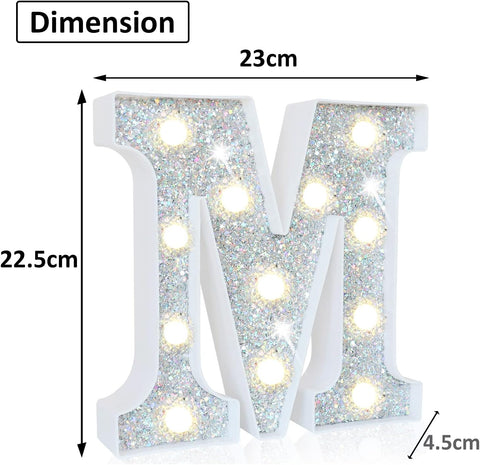 Silver Glitter LED Letter M – 8.86 Inch Marquee Light