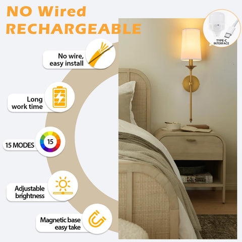 Battery Operated Wall Sconce Set of Two,Modern with Remote Control Dimmable Wall Lighting Indoor