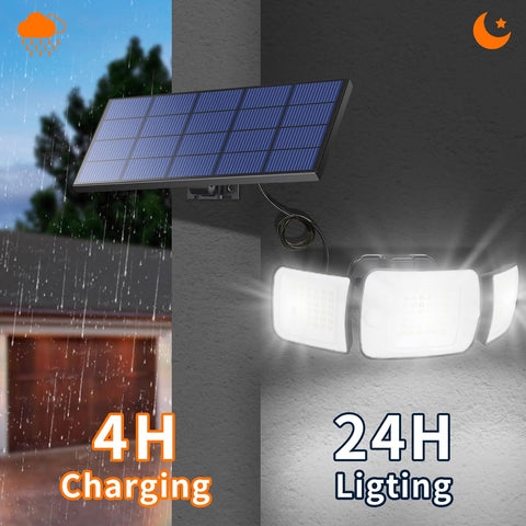 Solar-powered outdoor light system with charging and lighting duration text.