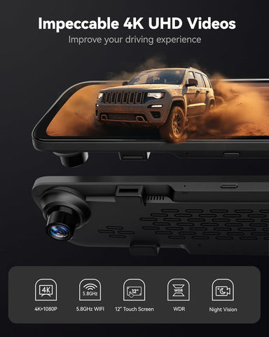 WOLFBOX G840S 12" 4K Mirror Dash Cam with Dual Cameras & GPS