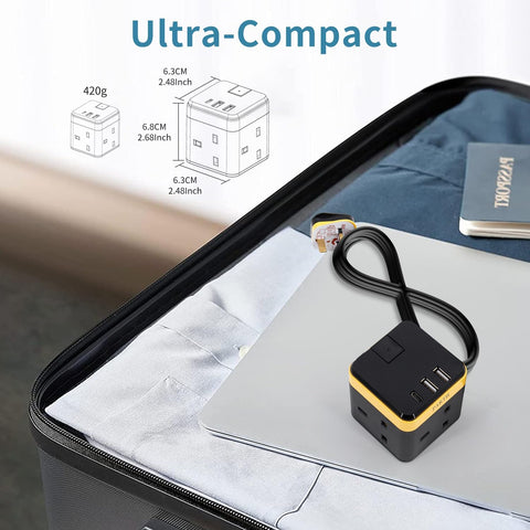 Cube Extension Lead with USB C & 2 USB A, 3 Way Power Strip 2M 13A