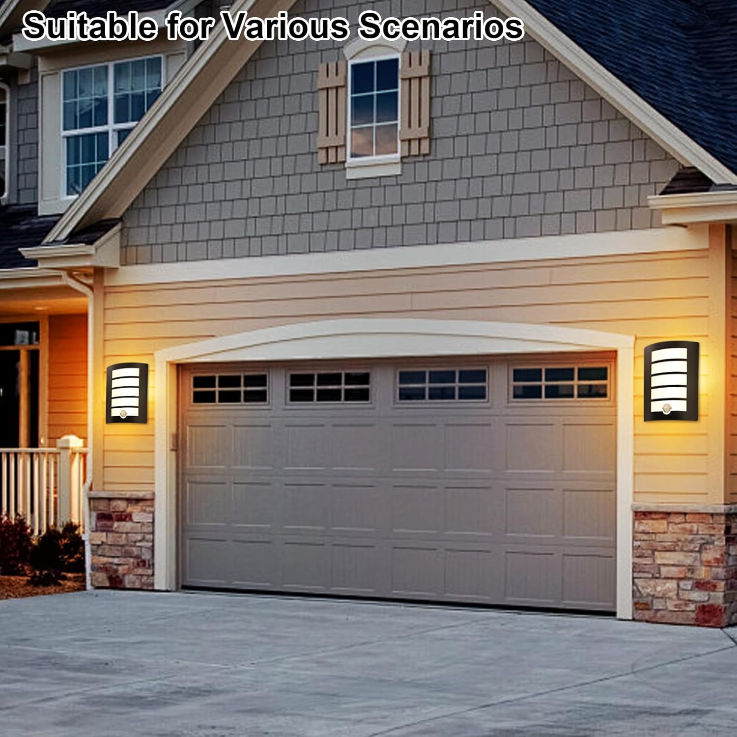 Garage door with lights on a house exterior, suitable for various scenarios