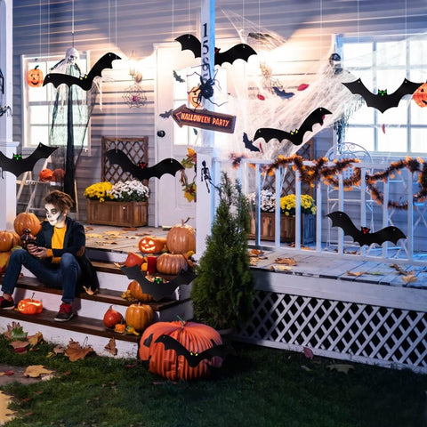 12PCS Halloween Hanging Bats with Glowing Eyes – Waterproof Flying Bat Decorations for Indoor & Outdoor Halloween Party, Garden, Door, Wall & Haunted House Décor