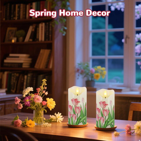 Tulip Flameless Pillar Candles Set of 2, 6×3 Inch Real Wax LED Candles with Remote, Timer & Dimmable Flickering Light