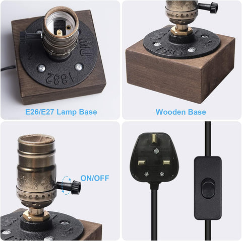 Luxvista E27 Vintage Wooden Table Lamp Base – Industrial Edison Desk Lamp Holder with UK Plug, Rustic Bedside Lamp for Bedroom, Living Room, Dining Room & Café