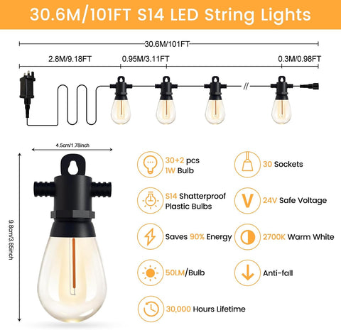 Pogestrand 30M Festoon Lights Outdoor 24V with Remote, 32 LED Bulbs