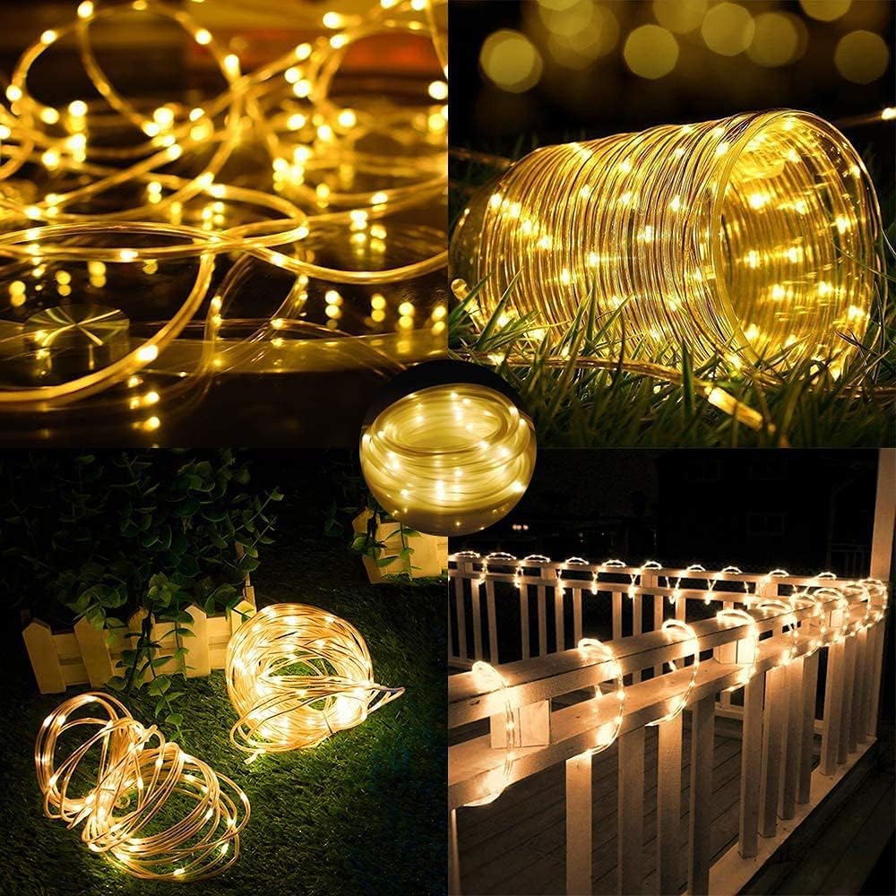 String lights in use on grass, fence, and other surfaces with a warm glow.