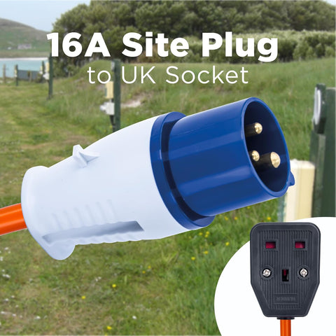 Status 16A Site Plug to 1 Way UK Socket, 20cm Adaptor Cable Perfect for Camping Caravan, Motorhome, Campervan, IP44, Weatherproof, 16APTUK1SCK1PK10