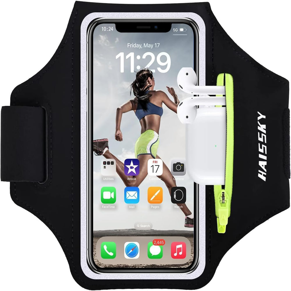 Running Armband Phone Holder Black with Airpods Pocket Sweatproof 6.9" Black
