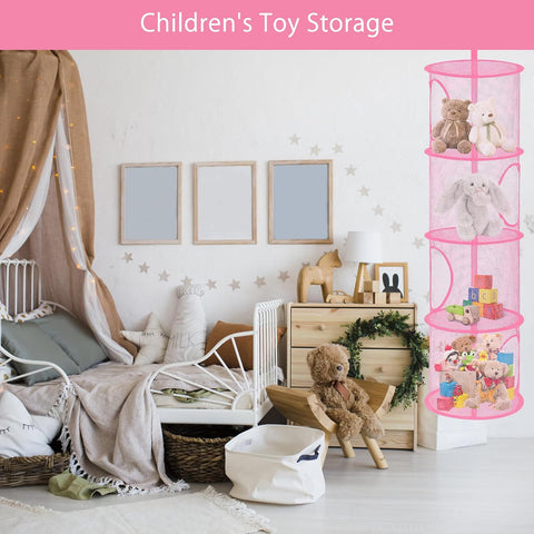 APOMOONS Hanging Mesh Storage Basket, 4-Tier Pink Teddy Toy Organiser – Give Every Cuddly Toy a Cosy Place