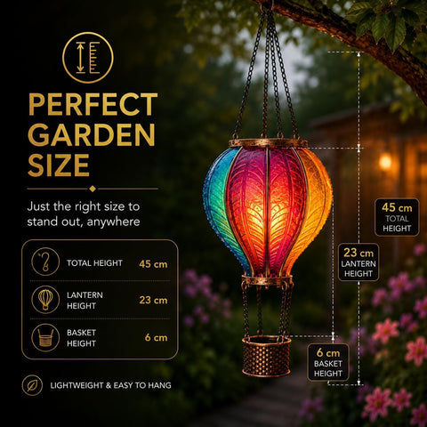 Festive Lights 45cm Solar Hot Air Balloon Lantern – Rainbow Multicolour Flame Effect Hanging Garden Light for Patio, Balcony & Outdoor Décor