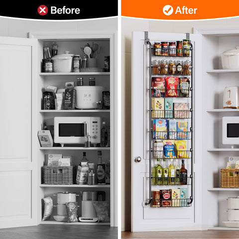 Delamu 8-Tier Over Door Storage Organiser, Adjustable Metal Pantry Shelves, Hanging Spice Rack for Kitchen, Bathroom & Laundry, White