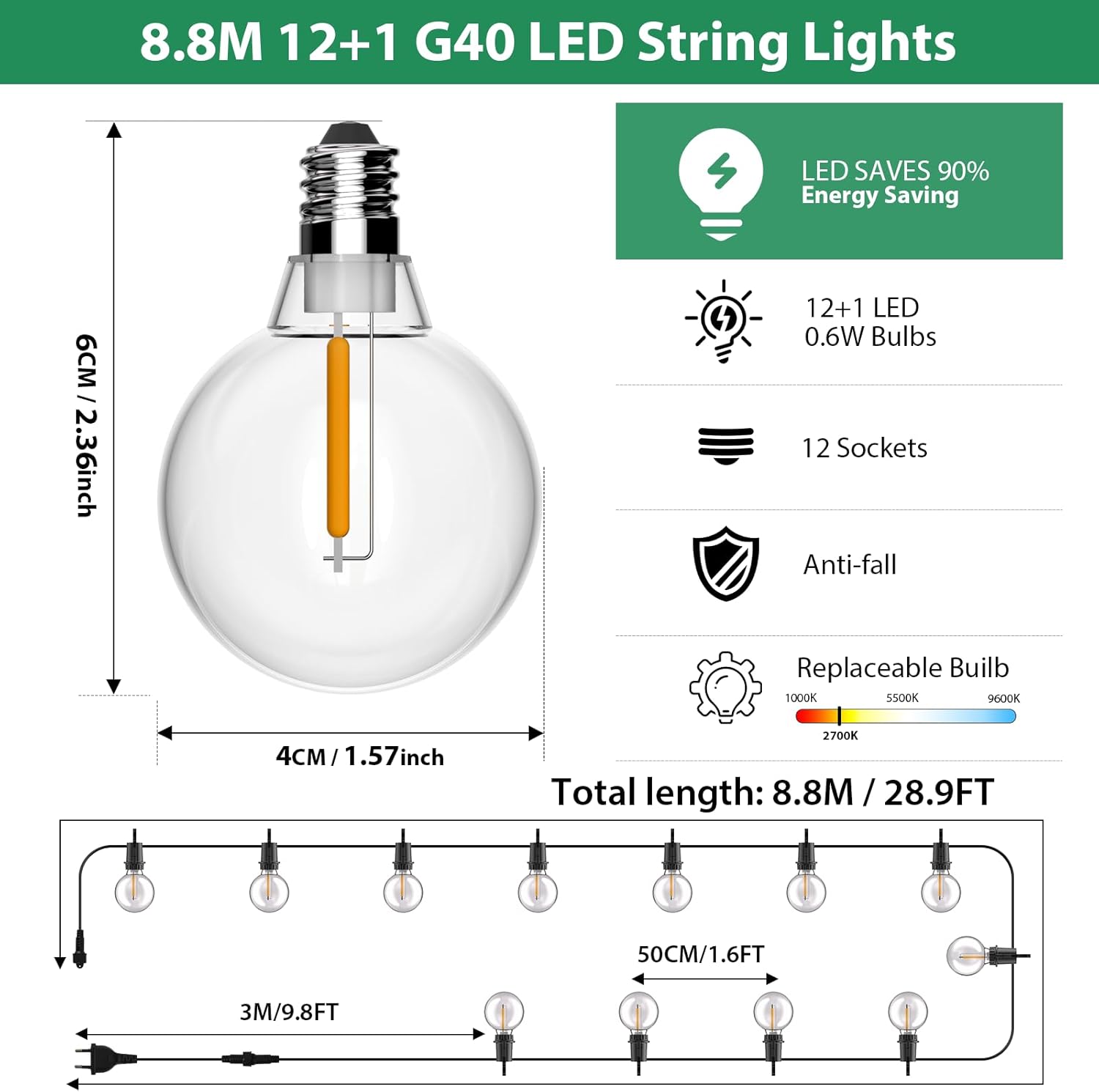 Outdoor Lights Mains Powered with 12+1 Shatterproof Bulbs, Outdoor String Lights, 8.8M/28.9FT IP54 Waterproof Garden String Lights Festoon Lights for Garden
