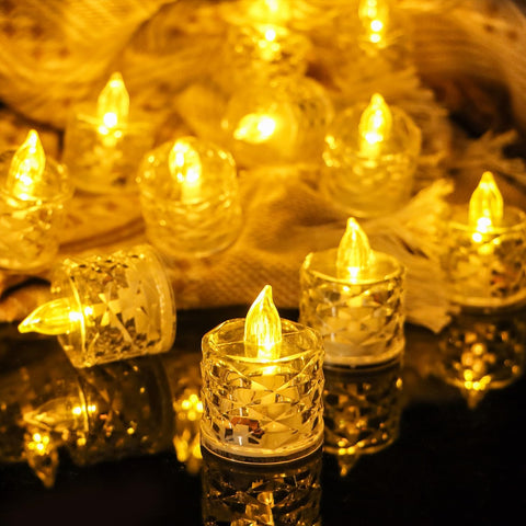 12PCS LED Tea Light Candles, Flameless Crystal Diamond Tealights, Battery Included, Warm White Flickering LED for Wedding, Party & Home Decoration