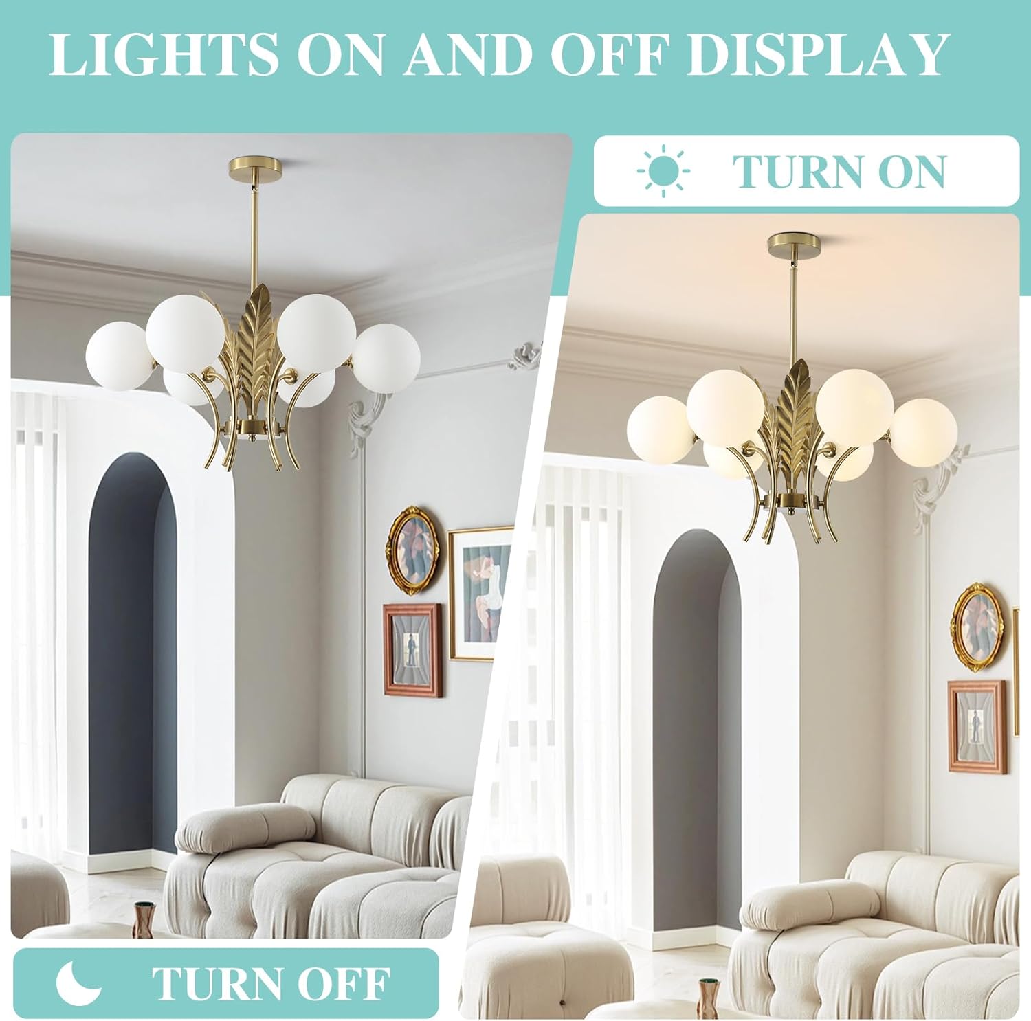 Living room with a chandelier, 'Turn On' and 'Turn Off' labels, and light fixture display.