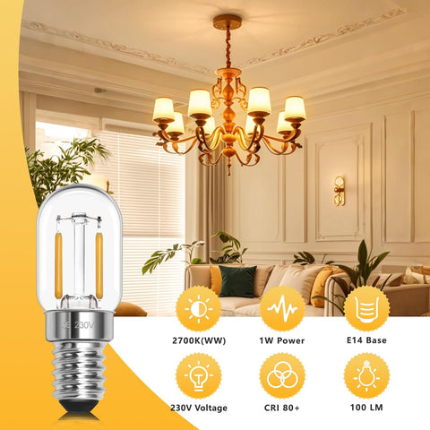 Clear light bulb with specifications on a yellow background, featuring a chandelier and living room.