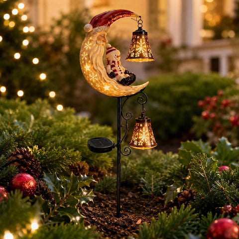 Solar Powered Christmas Moon Garden Stake Light, Metal Outdoor Decorative Pathway Lighting, Waterproof Holiday Landscape Lamp for Patio Lawn Yard Walkway Decoration，2PCS