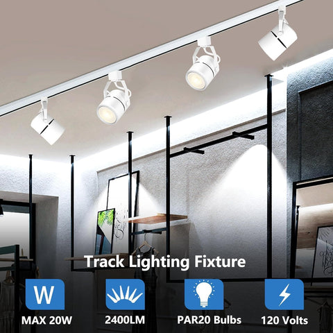 Track lighting fixture in a modern interior setting with product specifications displayed.
