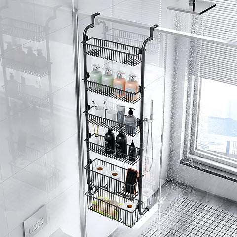 6-Tier Over-the-Door Pantry Organiser, Black Metal Kitchen Storage Rack