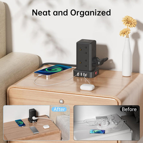 Kemelo Tower Extension Lead – 8-Way Multi Plug with 4 USB Ports, 2M Cable, 13A 3250W Surge Protection – Bring Order to Your Busy Charging Corner