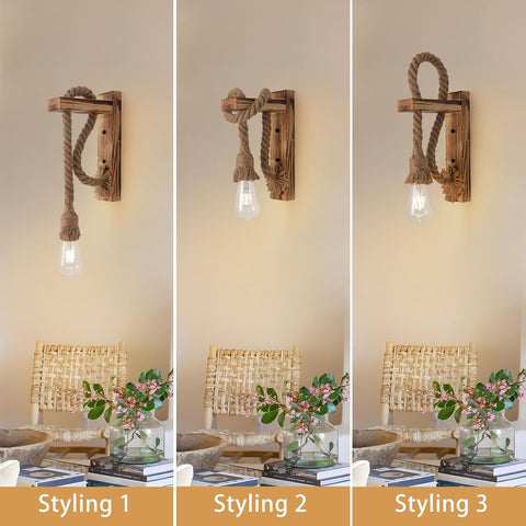 Farmhouse Wood Wall Sconce Hemp Rope Set of 2