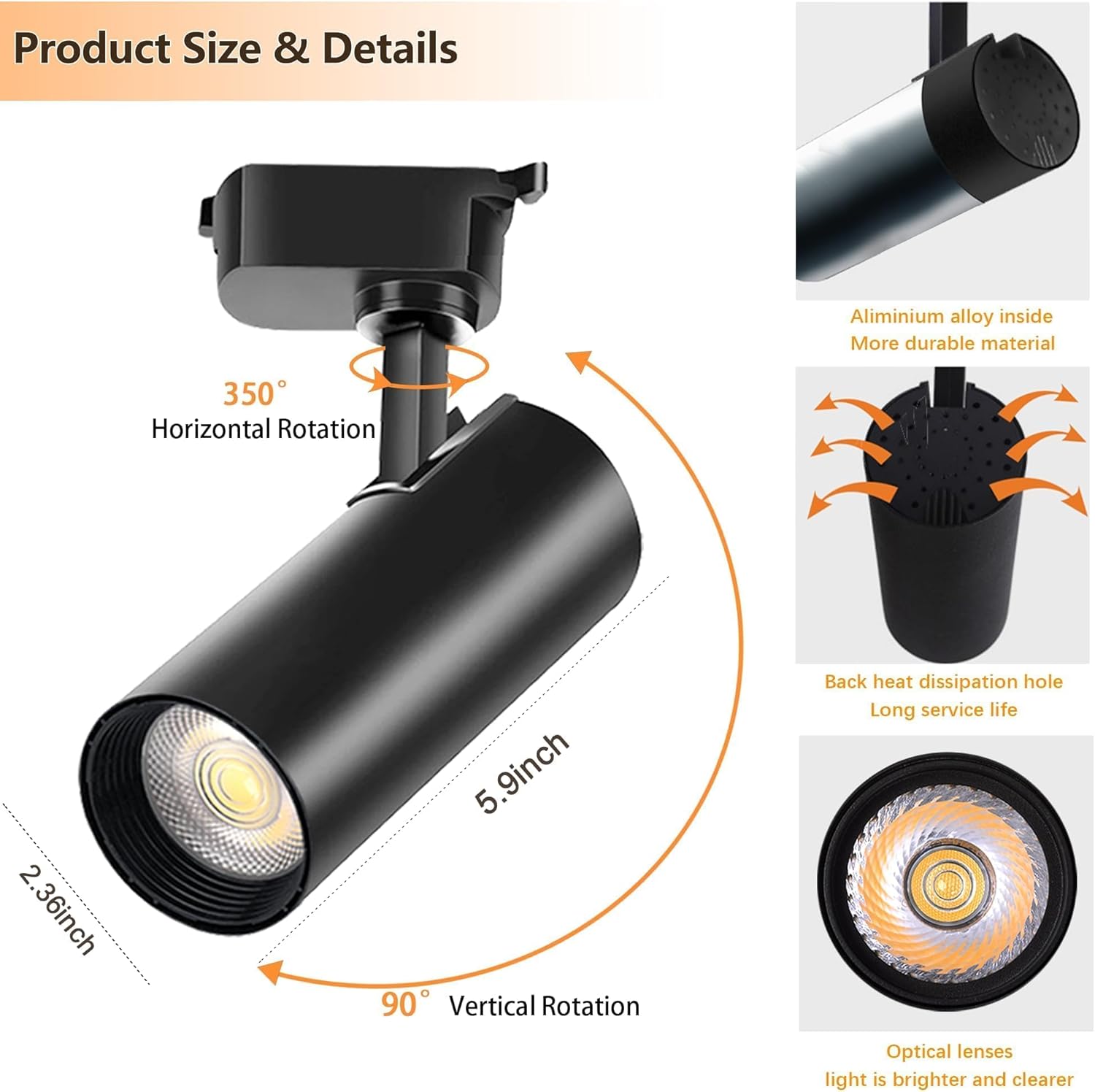 Black track light with features highlighted on a white background