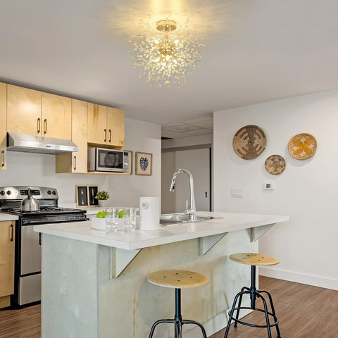 Modern kitchen with wooden cabinets, stainless steel appliances, and a white island.
